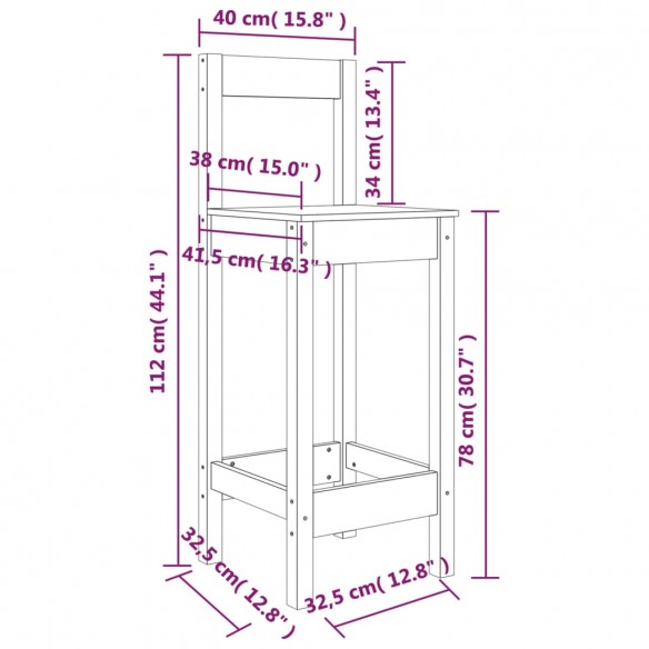 Tabourets de bar 2 pcs 40x41,5x112 cm bois massif de pin