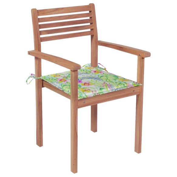 Chaises de jardin 2 pcs avec coussins à motif de feuilles Teck