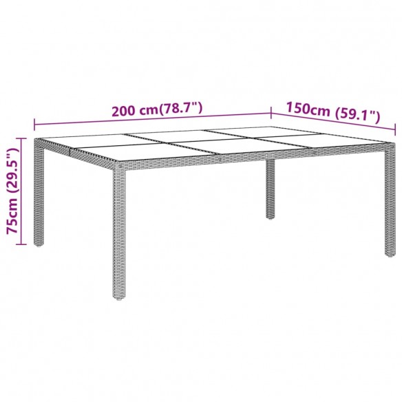 Table de jardin avec dessus en verre Marron 200x150x75 cm Rotin