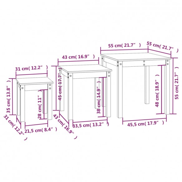 Tables gigognes 3 pcs Noir Bois de pin massif