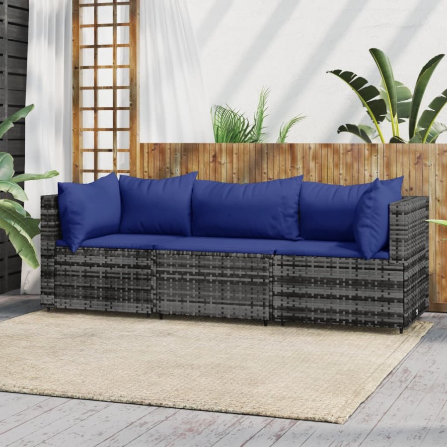 Salon de jardin 3 pcs avec coussins Gris Résine tressée