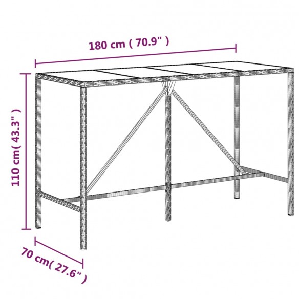 Table de bar et dessus en verre noir 180x70x110 cm poly rotin