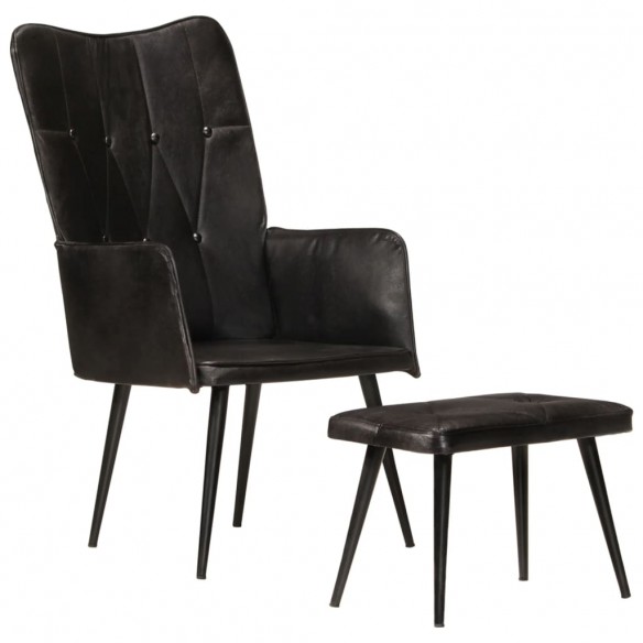 Chaise à oreilles avec repose-pied Noir Cuir véritable