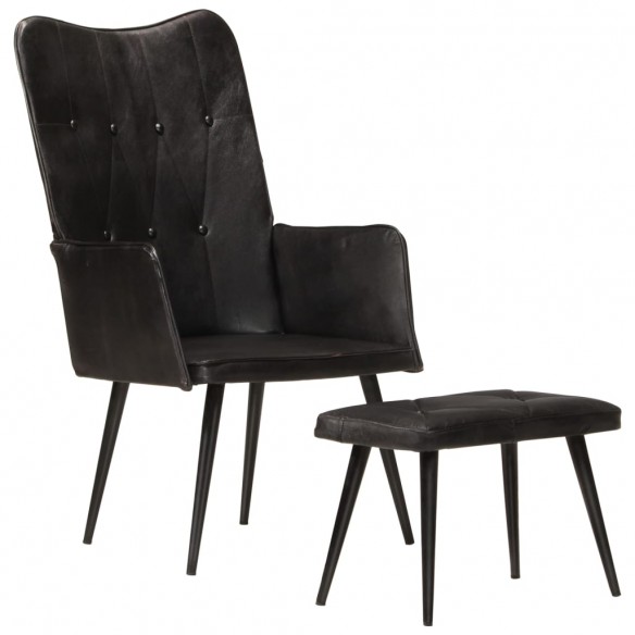 Chaise à oreilles avec repose-pied Noir Cuir véritable