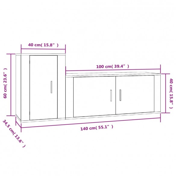 Ensemble de meubles TV 2 pcs gris béton bois d'ingénierie