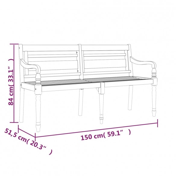 Banc Batavia avec coussin crème 150 cm Bois de teck massif