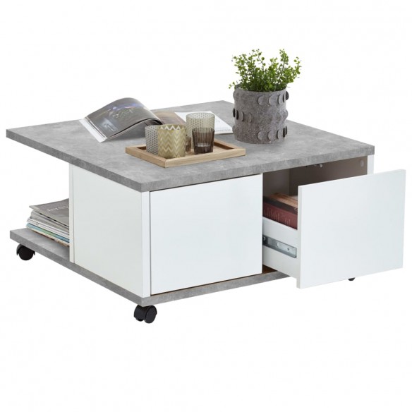 FMD Table basse mobile 70x70x35,5 cm Béton et blanc brillant