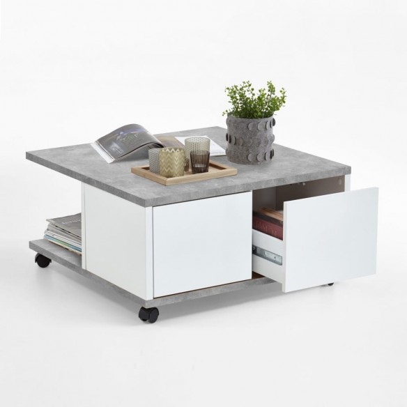 FMD Table basse mobile 70x70x35,5 cm Béton et blanc brillant