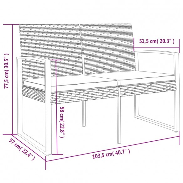 Banc de jardin à 2 places avec coussins marron PP rotin