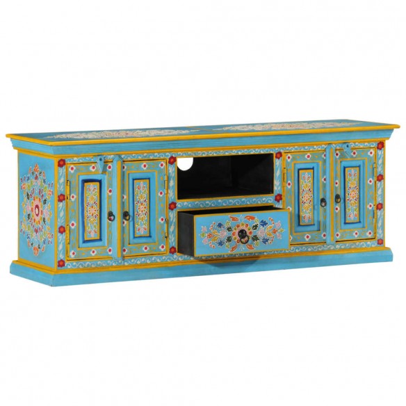 Meuble TV bleu 110x30x40 cm bois massif de manguier