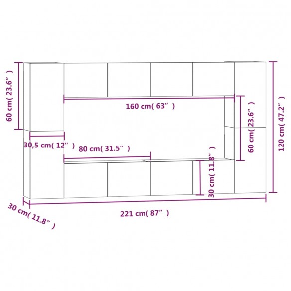 Ensemble de meubles TV 8 pcs Noir Bois d'ingénierie