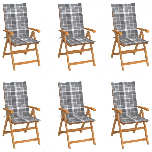 Chaises de jardin 6 pcs avec coussins à carreaux gris Teck