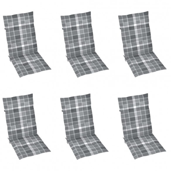 Chaises de jardin 6 pcs avec coussins à carreaux gris Teck