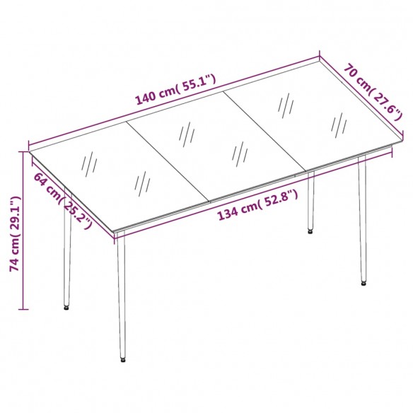 Table à dîner de jardin Noir 140x70x74 cm Acier et verre