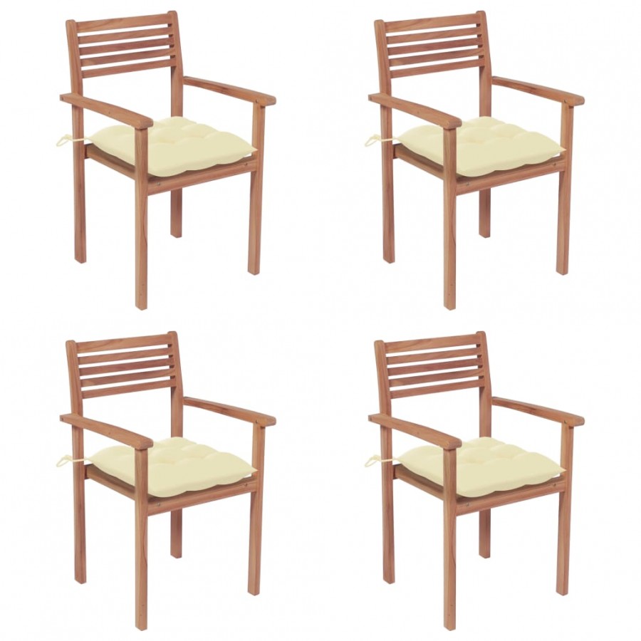 Chaises de jardin 4 pcs avec coussins blanc crème Teck solide