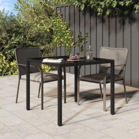 Table de jardin 90x90x75 cm Verre trempé et résine tressée Noir