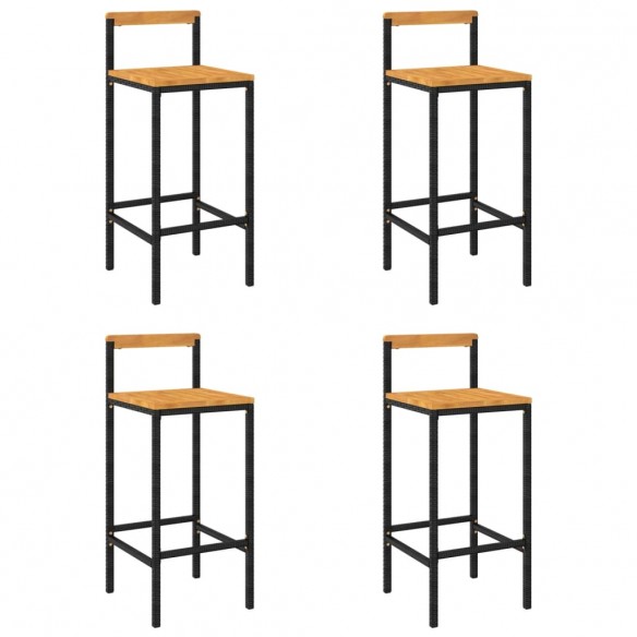 Tabourets de bar 4 pcs noir résine tressée et bois d'acacia