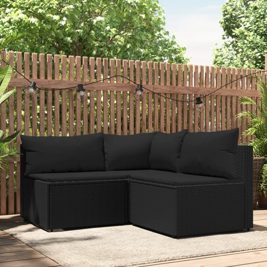 Salon de jardin 3 pcs avec coussins Noir Résine tressée