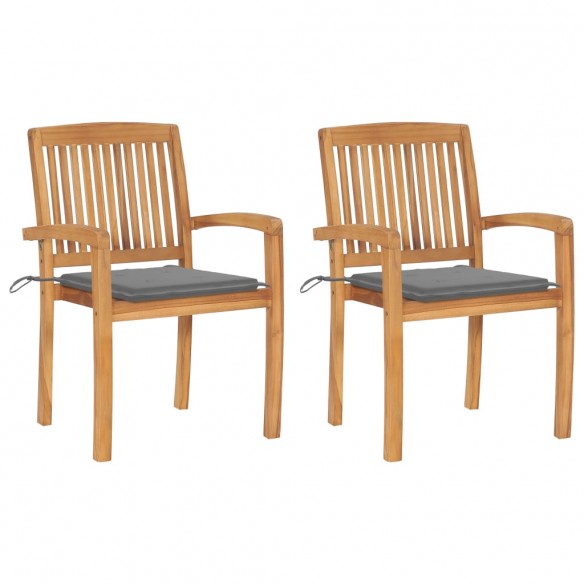 Chaises de jardin 2 pcs avec coussins gris Bois de teck massif