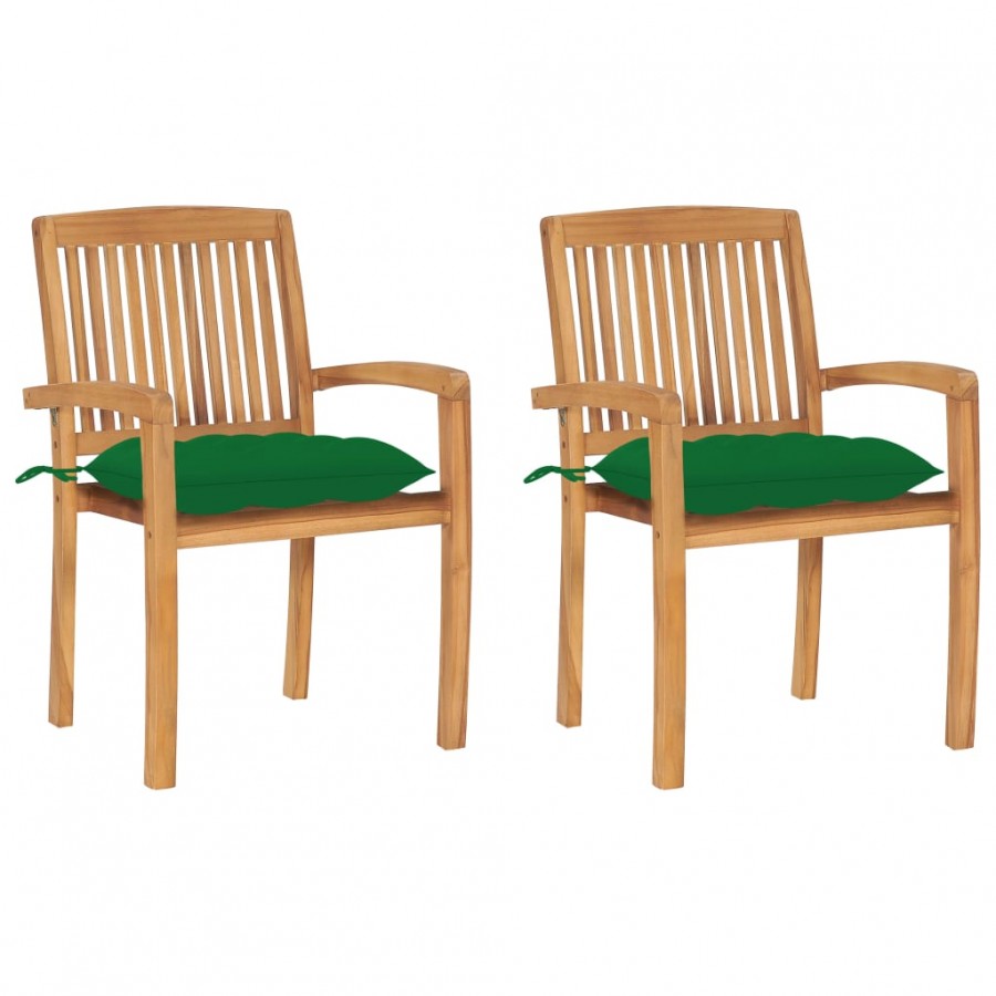 Chaises de jardin 2 pcs avec coussins vert Bois de teck massif