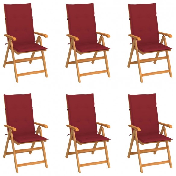 Chaises de jardin 6 pcs avec coussins bordeaux Bois de teck