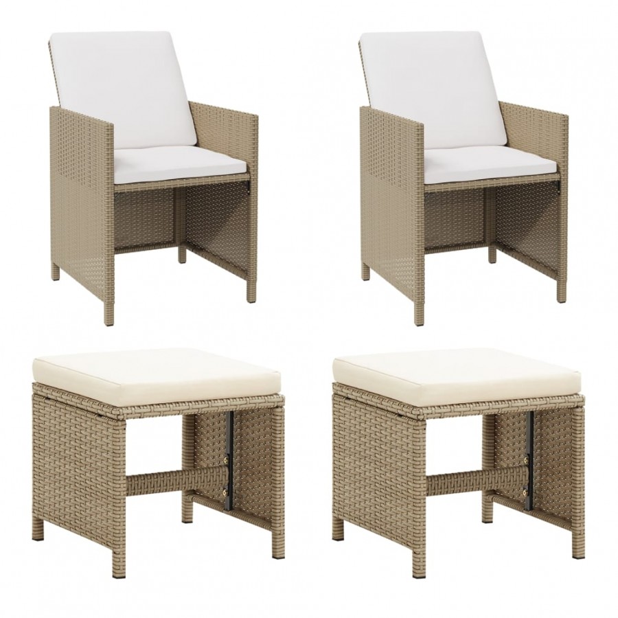 Chaises de jardin avec tabourets 2 pcs Résine tressée Beige