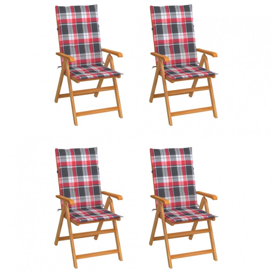 Chaises de jardin 4 pcs avec coussins à carreaux rouge Teck