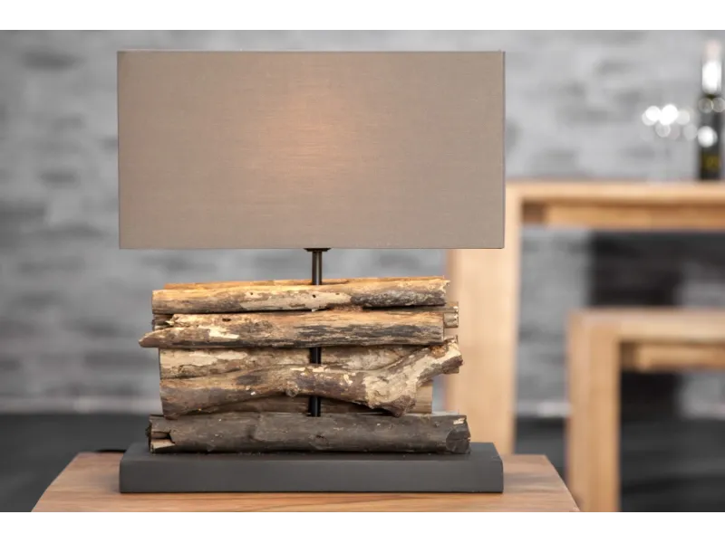 Lampe de 40cm en bois flotté et lin marron