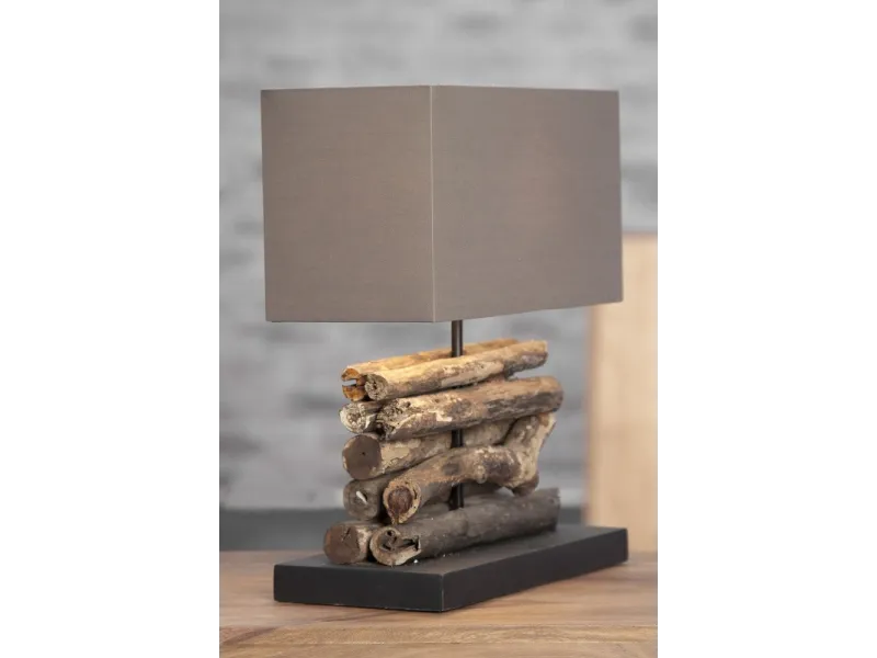 Lampe de 40cm en bois flotté et lin marron
