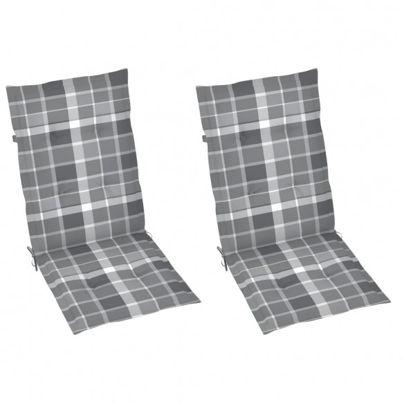 Chaises de jardin 2 pcs avec coussins à carreaux gris Teck