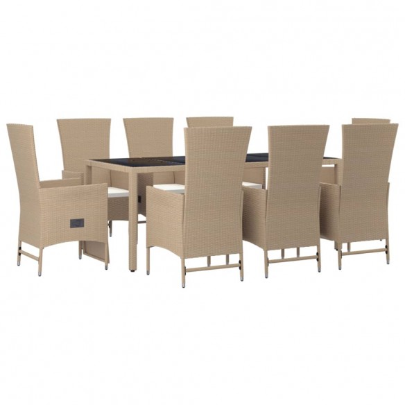 Ensemble à manger de jardin et coussins 9 pcs beige Poly rotin