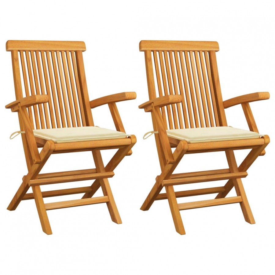 Chaises de jardin avec coussins crème 2 pcs Bois de teck massif