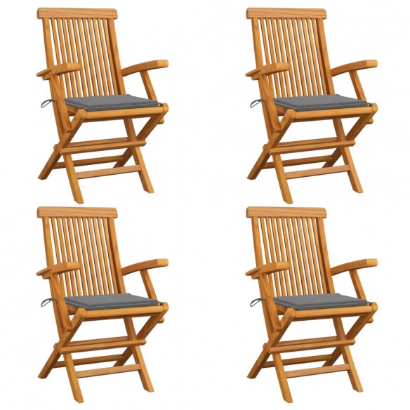 Chaises de jardin avec coussins gris 4 pcs Bois de teck massif