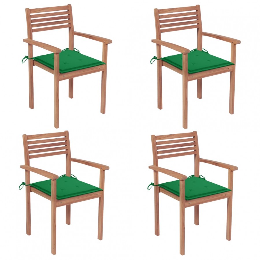 Chaises de jardin 4 pcs avec coussins vert Bois de teck solide