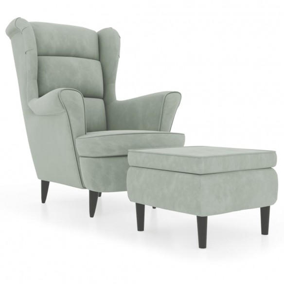 Fauteuil à oreilles avec tabouret gris clair velours