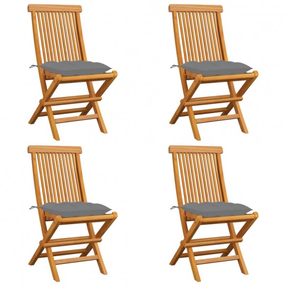 Chaises de jardin avec coussins gris 4 pcs Bois de teck massif