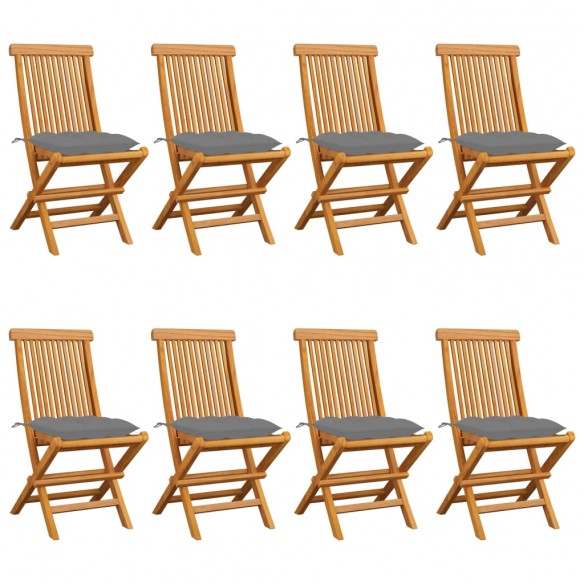 Chaises de jardin avec coussins gris 8 pcs Bois de teck massif