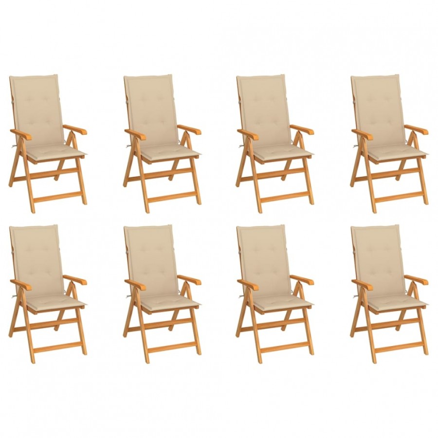 Chaises inclinables de jardin avec coussins 8 pcs Teck solide