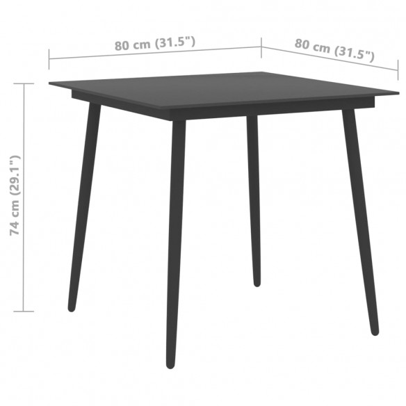 Table à dîner de jardin Noir 80x80x74 cm Acier et verre