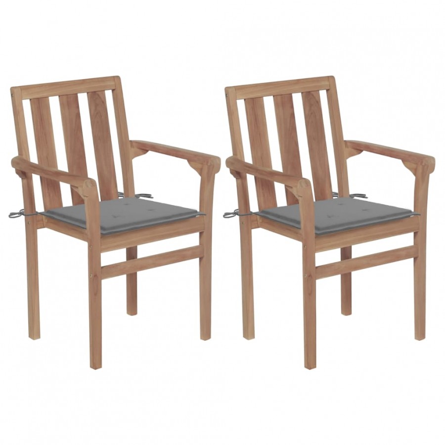 Chaises de jardin 2 pcs avec coussins gris Bois de teck massif