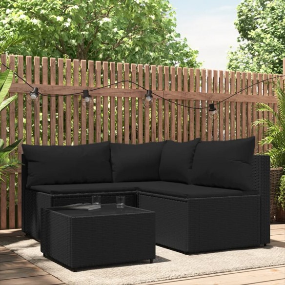 Salon de jardin 4 pcs avec coussins Noir Résine tressée