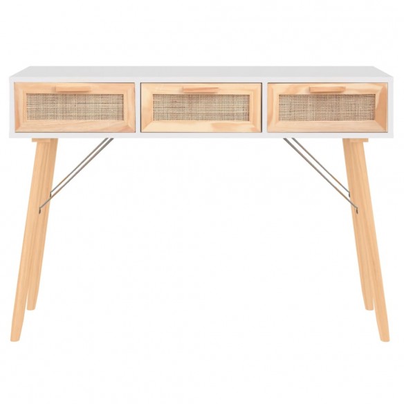 Table console Blanc 105x30x75 cm Bois massif pin /rotin naturel