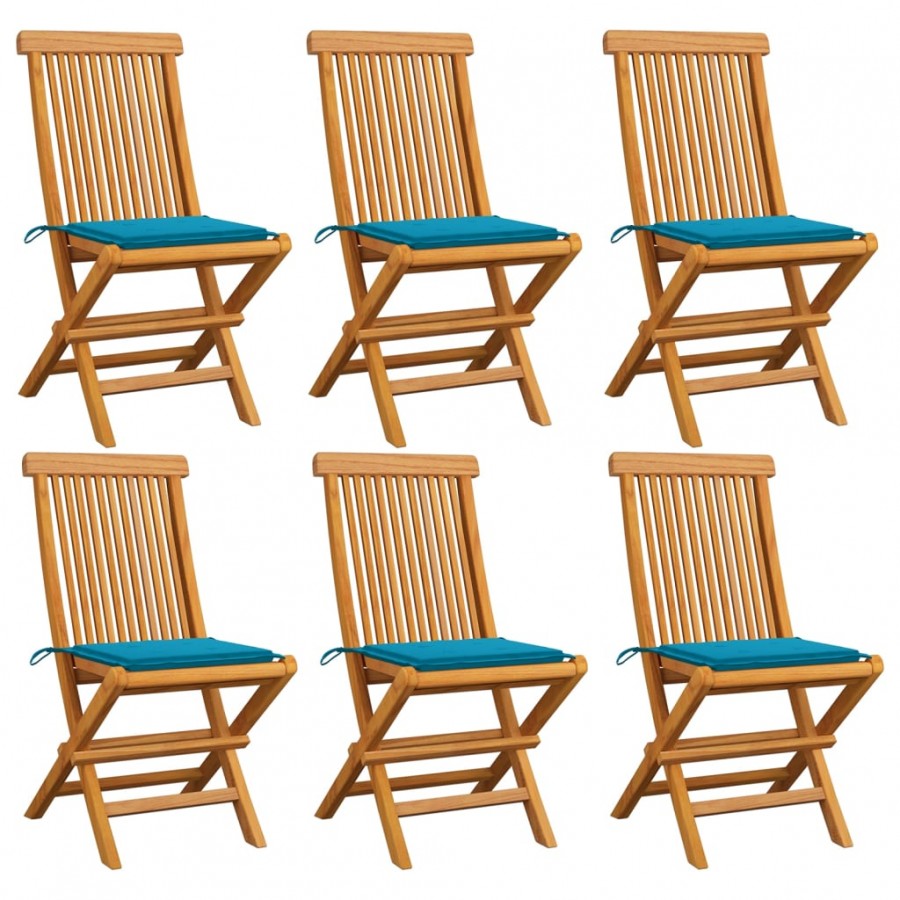 Chaises de jardin avec coussins bleu 6 pcs Bois de teck massif