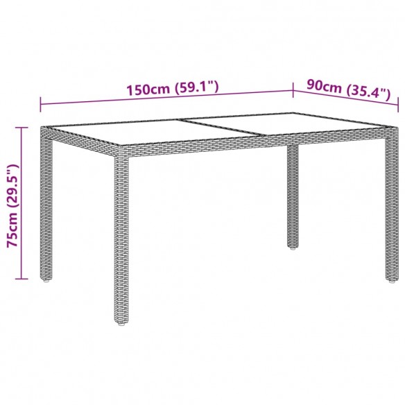 Table de jardin 150x90x75 cm Verre trempé/résine tressée Beige