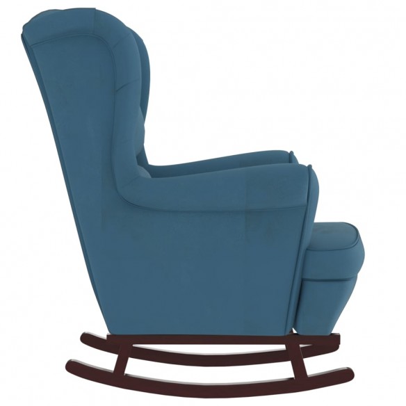 Fauteuil à bascule et pieds en bois massif d'hévéa Bleu Velours