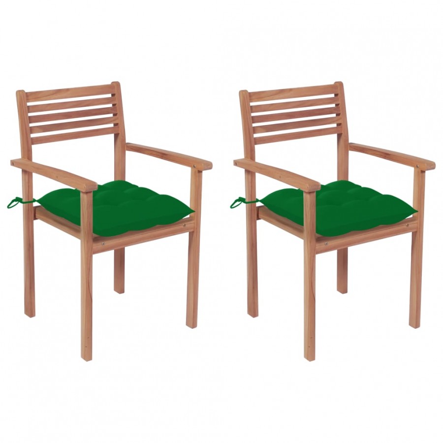 Chaises de jardin 2 pcs avec coussins vert Bois de teck massif