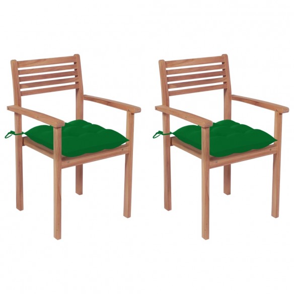 Chaises de jardin 2 pcs avec coussins vert Bois de teck massif