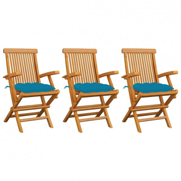 Chaises de jardin avec coussins bleu clair 3 pcs Teck massif