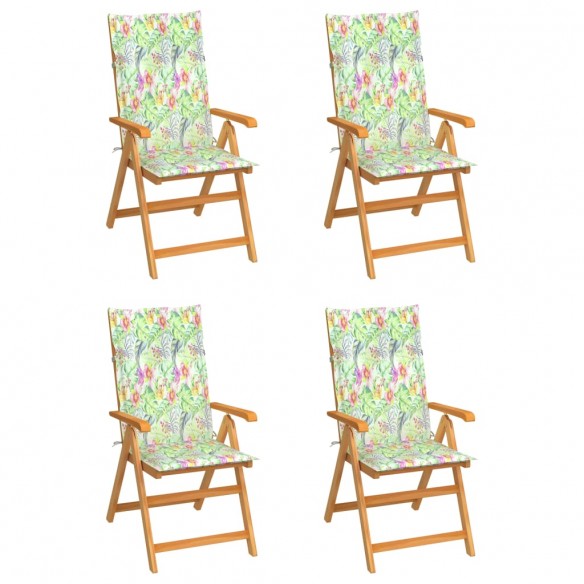 Chaises de jardin 4 pcs avec coussins à motif de feuilles Teck