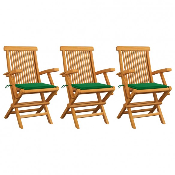 Chaises de jardin avec coussins vert 3 pcs Bois de teck massif